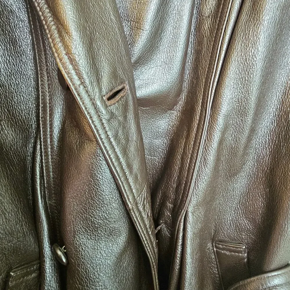 Together! Vintage Dark Brown Leather Double Breasted Trench Coat with Belt